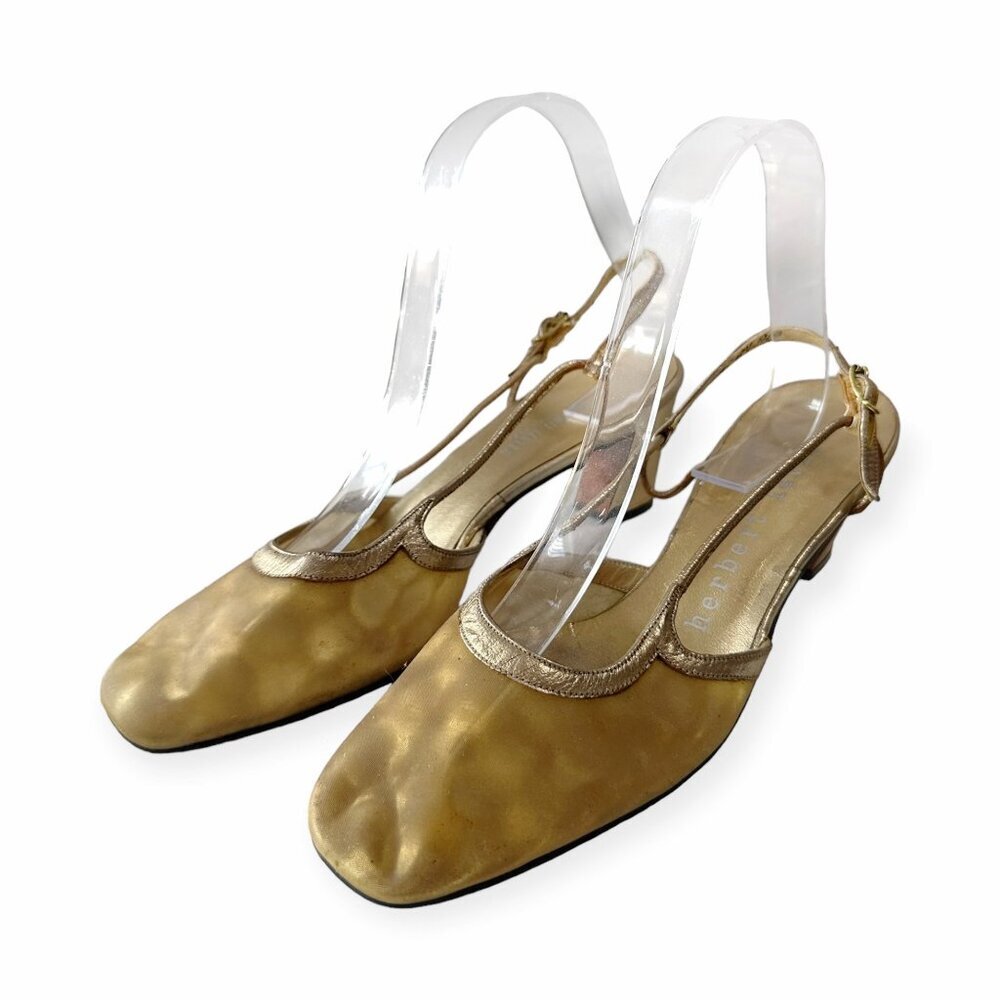 Vintage 1960s Herbert Levine Gold Vinyl Slingback Pumps Mod Mid Heel